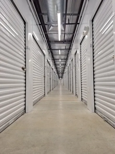 Long interior hallway of storage units